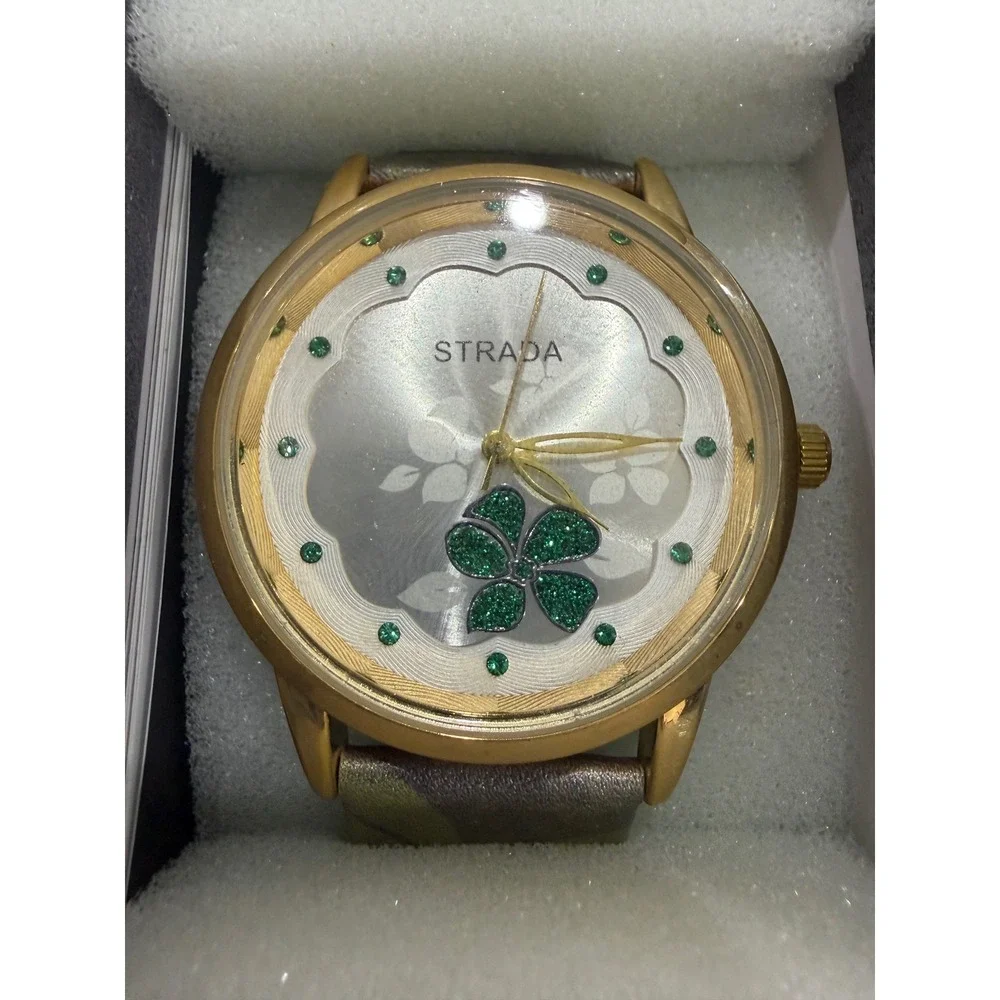 Strada Womens Quartz Watch Gold Tone Green Four Leaf Clover Floral Dial New Box